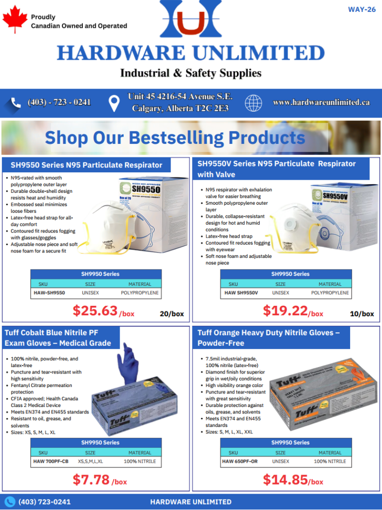 PPE Best Sellers Flyer PPE Respirators Gloves and Hearing Protection Flyer - Hardware Unlimited Calgary