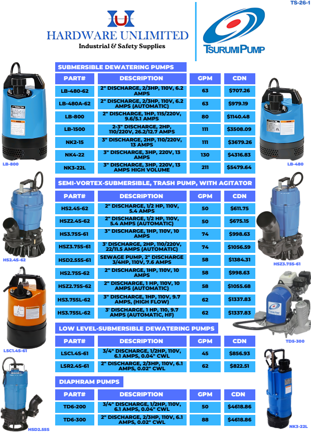 Tsurumi pump sale flyer – Hardware Unlimited Calgary